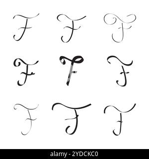 F Letter Initial Cursive handgeschriebene kalligraphische Alphabet Set für Logo-Marke Stock Vektor