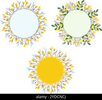 Blütenzweige und grüne Blätter Frühlingsfarbenfroher Kreis Rahmen Set mit 3 Ostergruß Vorlage. Isolierte Vektorillustrationen, Briefe oder Karten Cover, Poster, Banner, Grußworte, Einladung oder Web Stock Vektor