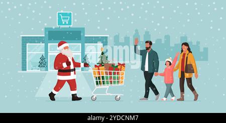Weihnachtsmann, der einkaufen geht und einen Einkaufswagen voller Weihnachtsgeschenke schiebt, winkt ihm eine glückliche Familie zu Stock Vektor
