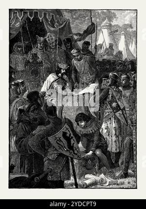 Ein alter Gravur von König John, der am 15. Juni 1215 die Magna Charta am Ufer der Themse in Runnymede, Surrey, England, Großbritannien unterzeichnete. Es stammt aus einem viktorianischen Geschichtsbuch aus dem jahr 1900. König John (1166–1216) war ab 1199 König von England. Der Baronialaufstand am Ende seiner Regierungszeit führte zur Siegelung der Magna Charta (große Charta). Magna Carta wurde in Verhandlungen zwischen dem König und den Rebellenbaronen ausgehämmert. Sie kamen zu einer Vereinbarung, die dem König etwas Macht nehmen würde. Das Abkommen enthält Vorschriften über Grundeigentum, Steuern und Rechte der Menschen. Stockfoto