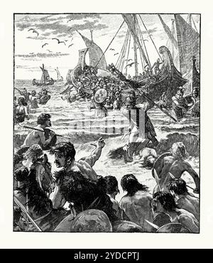 Eine alte Gravur der Römer, die 43 n. Chr. bei Rutupiae (Richborough, an der Ostküste von Kent) in England landeten. Es stammt aus einem viktorianischen Geschichtsbuch aus dem jahr 1900. Die römische Eroberung Großbritanniens war die Eroberung des größten Teils der Insel Großbritanniens, die von den keltischen Briten bewohnt wurde. Sie begann unter Kaiser Claudius und wurde in der südlichen Hälfte Großbritanniens (größtenteils England und Wales) bis 87 n. Chr. fertiggestellt, als die Stanegate gegründet wurde. Das eroberte Gebiet wurde zur römischen Provinz Britannia. Stockfoto