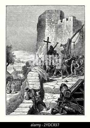 Ein alter Stich der Belagerung Jerusalems durch europäische Kreuzfahrer im Jahr 1099. Es stammt aus einem viktorianischen Geschichtsbuch aus dem jahr 1900. Die Belagerung Jerusalems markierte das erfolgreiche Ende des Ersten Kreuzzugs, dessen Ziel es war, die Stadt Jerusalem und die Grabeskirche von der islamischen Kontrolle zurückzuerobern. Die fünfwöchige Belagerung begann am 7. Juni 1099 und wurde von den christlichen Kräften Westeuropas durchgeführt, die Papst Urban II. Nach dem Konzil von Clermont 1095 mobilisierte. Stockfoto