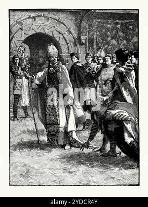 Ein alter Kupferstich des Erzbischofs Thomas Becket (Thomas à Becket) von Canterbury bei seinem Prozess in Northampton Castle, Northamptonshire, England, im Jahr 1164. Es stammt aus einem viktorianischen Geschichtsbuch aus dem jahr 1900. Becket (um 1119–1170) wurde von König Heinrich II. Nach Northampton Castle berufen, um sich vor einem Großen Rat der Verachtung der königlichen Autorität und Misshandlungen im Kanzleramt zu verklagen. Nachdem er in allen Anklagepunkten für schuldig befunden wurde, floh Becket nach Frankreich. Seine Hinrichtungsaufstellung dauerte nur vier Jahre – 1170 wurde er ermordet. Becket war von 1155 bis 1162 Lordkanzler. Stockfoto