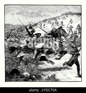 Ein alter Kupferstich der Schlacht von Holmedon Hill, Wooler, Northumberland, England, Großbritannien im Jahr 1402. Es stammt aus einem viktorianischen Geschichtsbuch aus dem jahr 1900. Die Schlacht am Holmedon Hill (Homildon Hill) war ein Konflikt zwischen englischen und schottischen Armeen am 14. September. Hier jagen englische Soldaten zu Pferd die Schotten. Archibald Douglas, 4. Earl of Douglas, führte eine Expedition nach England und marschierte bis Newcastle. Mit 10.000 Mann hat er Northumberland verwüstet. Henry Percy, 1. Earl of Northumberland, wartete auf die zurückkehrenden Schotten in Wooler. Douglass Armee wurde geroutet und Douglas gefangen genommen. Stockfoto