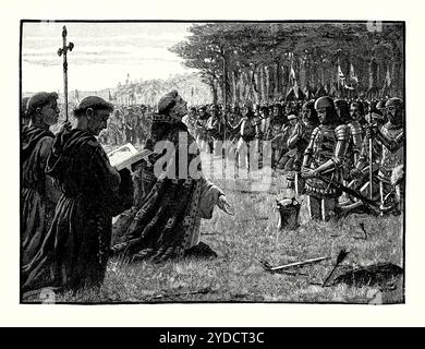 Eine alte Gravur eines Thanksgiving-Dienstes auf dem Feld von Azincourt, Nordfrankreich, in der Schlacht von Agincourt am 25. Oktober 1415, während des Hundertjährigen Krieges. Es stammt aus einem viktorianischen Geschichtsbuch aus dem jahr 1900. Während des Hundertjährigen Krieges. Nach dem englischen Sieg soll Heinrich V. den Klerus befohlen haben, den Gottesdienst zu leisten. Die Schlacht von Agincourt war ein unerwarteter englischer Sieg gegen die zahlenmäßig überlegene französische Armee. Sie förderte die Moral und das Ansehen der Engländer und begann eine neue Phase der englischen Dominanz im Krieg, bis England 1429 bei der Belagerung von Orléans von Frankreich besiegt wurde Stockfoto