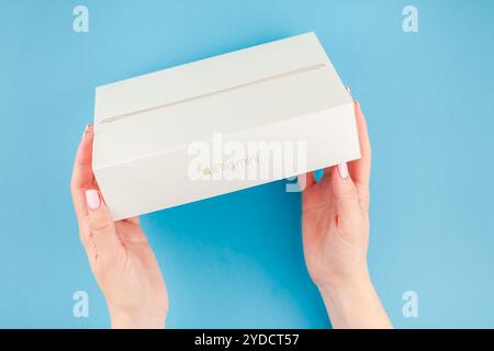 Frau Hände mit der Box des Apple iPad Mini Stockfoto