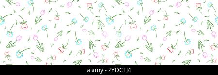 Farbenfrohes nahtloses Muster mit einfachen Blumen. Botanische Elemente mit Wachsstift auf Tafel aufblühen. Vektor-floraler Hintergrund für Kinder Stock Vektor