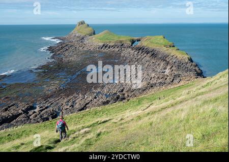 Man geht und Blick auf den mittleren und äußeren Kopf vom inneren Kopf auf Worms Head, Gower, Wales, Großbritannien Stockfoto