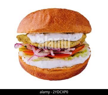 Vegetarischer Burger mit Salat, Tomate, Zwiebeln und Falafel Stockfoto