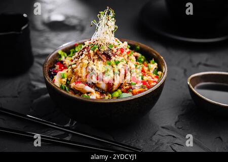 Salat mit Aal und Couscous auf schwarzer Schüssel Stockfoto