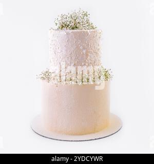 Wunderschöne mehrstufige Hochzeitstorte mit Blumen Stockfoto