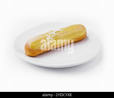 Köstliches Eclair mit Vanillepudding auf dem Teller mit Blick von oben Stockfoto