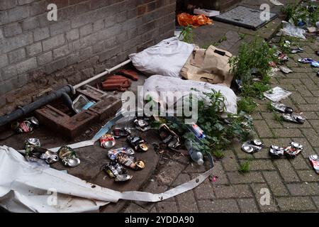 Slough, Berkshire, Großbritannien. Oktober 2024. Müll und Müll fliegen auf Gehwegen an der Slough High Street in Berkshire. Ratten werden regelmäßig um die Slough High Street herum gesehen, da die Bewohner regelmäßig Fliegenkippen. Kredit: Maureen McLean/Alamy Stockfoto