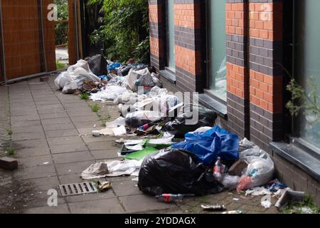 Slough, Berkshire, Großbritannien. Oktober 2024. Müll und Müll fliegen auf Gehwegen an der Slough High Street in Berkshire. Ratten werden regelmäßig um die Slough High Street herum gesehen, da die Bewohner regelmäßig Fliegenkippen. Kredit: Maureen McLean/Alamy Stockfoto