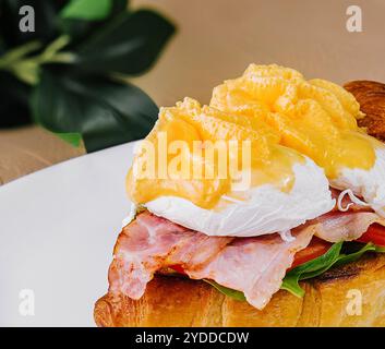 Frisches Croissant mit Räucherlachs und Croissant-Sandwich mit Speck Stockfoto