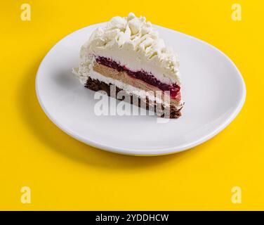 Mehrschichtiger Mousse Cake auf weißer Platte Stockfoto