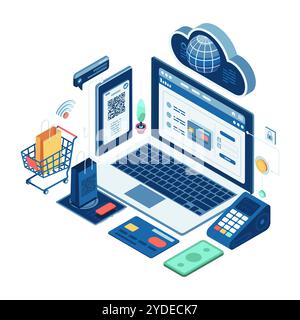 Isometrische E-Commerce-Zahlungsgateways mit Laptop- und Shopping-Elementen. E-Commerce Payment Gateway Konzept Stock Vektor