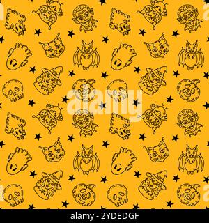 Nahtloses Muster mit Charakteren im Doodle-Stil zum Thema Halloween-Feiertage. Stock Vektor