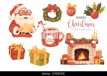 Eine Reihe von Illustrationen im Zeichentrickstil, Weihnachten. Weihnachtsmann, Kamin, Kakao. Gemütlicher Vektor Stock Vektor