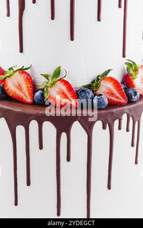 Weißer Kuchen mit geschmolzener Zartbitterschokolade und frischen Beeren Stockfoto