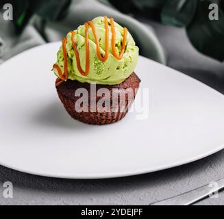 Schokoladenfondant mit Pistazieneis Stockfoto