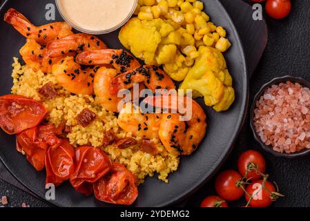 Gekochte Tigergarnelen mit Haferbrei, Tomaten und Mais Stockfoto