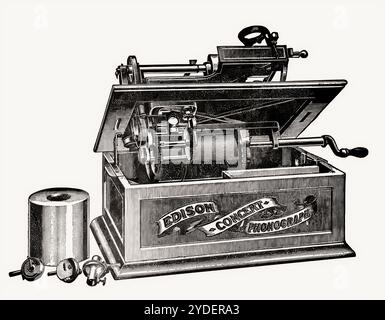 Historische Illustration, 19. Jahrhundert, Konzertphonograph von Thomas Alva Edison Stockfoto