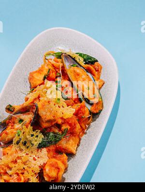 Nudeln mit Meeresfrüchten mit Garnelen und Muscheln in Tomatensoße Stockfoto