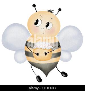 Bienen-Zeichentrickfilm-Aquarell. Handgezeichnete niedliche Hummel mit einem Glas Honig auf isoliertem weißem Hintergrund. Clip Art Insekten. Ideal für Kinder Stockfoto