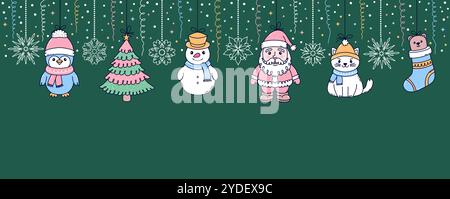 Weihnachtsgirlande mit Spielzeug im Doodle-Stil Stock Vektor