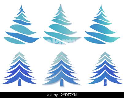 Das Bild zeigt kunstvolle Weihnachtsbäume in verschiedenen Blautönen auf einem sauberen Hintergrund. Es stellt ein festliches Konzept dar. Vektorabbildung Stock Vektor