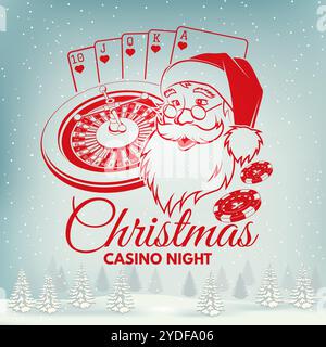 Weihnachten Kasino Nacht. Vintage-Glücksspiel-Druck, Logo, Badge-Design mit santa claus, Poker-Spielkarte, Casino-Chips, klassisches Casino-Spiel-Roulette Stock Vektor