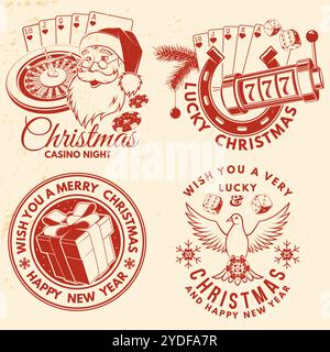 Set von Lucky Christmas Casino Night. Vintage-Glücksspiel-Druck, Logo, Badge-Design mit santa claus, Poker-Spielkarte, Taube mit Casino-Chips Stock Vektor