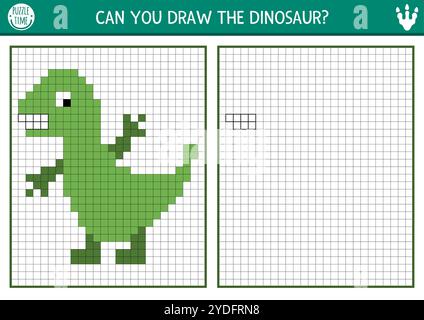 Zeichnen Sie den Dinosaurier nach Pixelraster. Vektorprähistorisches Zeichenübungsblatt mit prähistorischem Tier. Druckbare Schwarzweiß-Aktivität für Kinder. C Stock Vektor