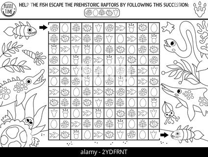 Schwarzes und weißes Labyrinth mit Eiern, Blättern. Prähistorische druckbare Aktivität, Ausmalseite. Für Kinder. Rätsel mit logischer Liniensuche mit s Stock Vektor