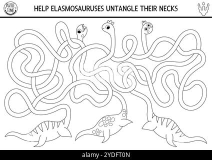 Schwarz-weißes Labyrinth für Kinder mit Tieren. Prähistorische Liniendruckaktivität mit verwickelten Elasmosaurushalsen. Dino Land Labyrinth Spiel Stock Vektor