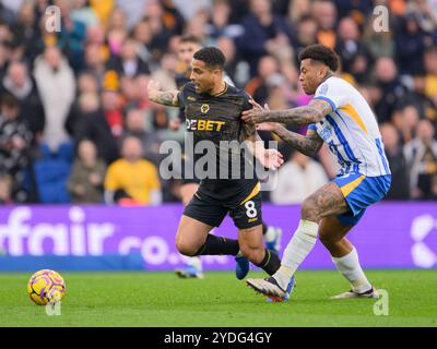 Brighton, Großbritannien. Oktober 2024. Brighton, England - 26. Oktober: Brighton & Hove Albion's Igor Julio (rechts) kämpft mit Joao Gomes der Wolverhampton Wanderers (links) während des Spiels der Premier League 2024/25 zwischen Brighton und Hove Albion und Wolverhampton Wanderers im Amex Stadium am 26. Oktober 2024 in Brighton, England. (David Horton/SPP) Credit: SPP Sport Press Photo. /Alamy Live News Stockfoto