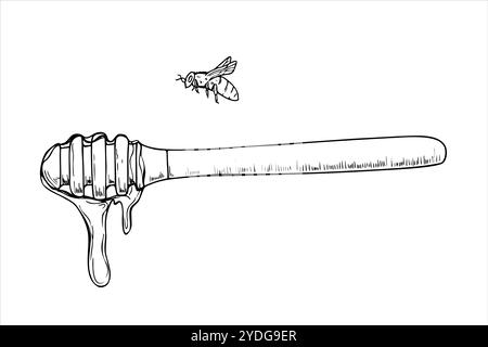 Honig Holzstock mit Sirup Tropf und fliegende Biene Hand gezeichnet Vektor isolierte Illustration. Natürliche gesunde Süße Tropfen aus Löffel monochrom Stock Vektor