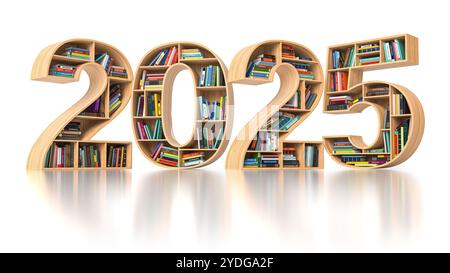 Das neue Jahr-Bildungskonzept für das Jahr 2025. Bücherregale mit Büchern in Form von Text 2025. 3D-Abbildung Stockfoto