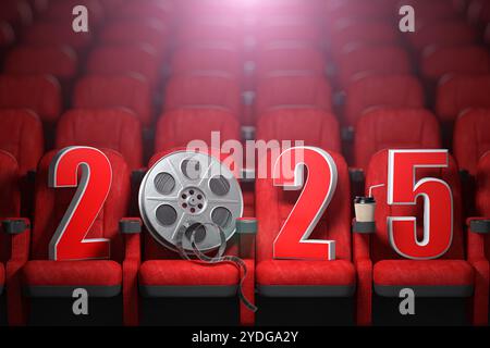 Happy New 2025 Year in Cinema Red Sitze. 2025 Kino- und Filmsaison-Konzept. 3D-Abbildung Stockfoto