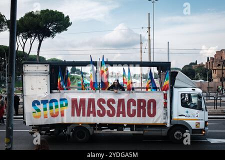 Rom, nationale Mobilisierung Lassen Sie uns die Kriege stoppen, die Zeit des Friedens ist jetzt. Die Initiative wird von den Netzen Europa für Frieden und italienische Frieden und Abrüstung sowie anderen Organisationen gefördert, um die Vorschläge für einen Waffenstillstand in Gaza, im Nahen Osten, in der Ukraine und bei allen bewaffneten Konflikten in der Welt am 26. Oktober 2024 in Rom (Italien) zu wiederholen. Copyright: XAndreaxCalandrax Stockfoto