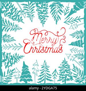 Frohe Weihnachtsbaumrahmen. Weihnachtsgrußkarte, Handzeichnung. Nicht AI, Vektorillustrationen. Stock Vektor