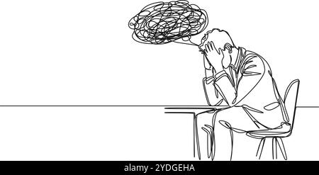 Ununterbrochene einzeilige Zeichnung des verwirrten und gestressten Mannes, der am Tisch sitzt, Linie Art Vektor Illustration Stock Vektor