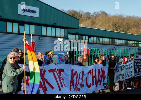 Dutzende Demonstranten und Aktivisten von Friedens- und Rüstungsorganisationen versammeln sich vor der EDO-MBM-Waffenfabrik in Brighton, um gegen die Planungserlaubnis der Stadt Brighton und der Stadt Hove zu protestieren, die Produktion von Freigabesystemen für Flugzeugwaffen an ihrem Standort in Brighton auszuweiten. Aktivisten argumentieren, dass die EDO-MBM-Fabrik Flugzeugwaffenkomponenten hergestellt und an mehrere Länder verkauft hat, darunter einige mit einer schlechten Bilanz von Menschenrechtsverletzungen. Nach Angaben von Anti-Waffen-Handelskämpfern wurden EDO-MBM-Waffenteile von der von den USA geführten Koalition DURIN verwendet Stockfoto