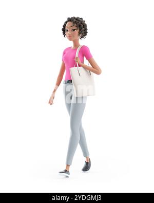 3D schöne Frau, die mit Handtasche geht, Illustration isoliert auf weißem Hintergrund Stockfoto