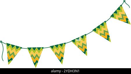 Dreieckige festliche Wimpelgirlande mit dekorativem Zickzack-Ornament in trendigen St. Patrick-Farben. Isolierte Vektor-Illustration Grußkarten, Poster, Banner oder Web-Promo, Etikett, Preis oder Dekorkonzept Stock Vektor