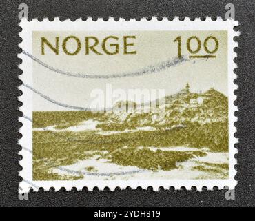 Gestempelte Briefmarke, gedruckt von Norwegen, die Lindesnes Cape zeigt, um 1974. Stockfoto