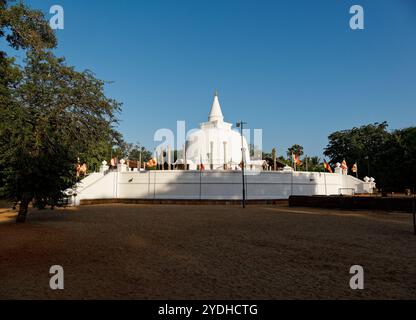 Lankarama dagoba, weiße Stupa, erbaut von König Valagamba im alten Königreich Anuradhapura, Sri Lanka. Ruinen zeigen Reihen von Steinsäulen, nahe der ETH Stockfoto