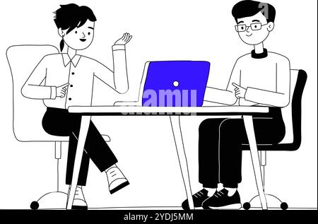 Zwei Kollegen diskutieren die Arbeit am Bürotisch mit Einem Laptop in der Illustration „Flat Vector“, die die Zusammenarbeit im Büro und Teamwork, isoliert, symbolisiert Stock Vektor