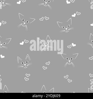 Katzengesichter und -Herzen minimalistisches nahtloses monochromes Muster auf grauem Hintergrund Stock Vektor
